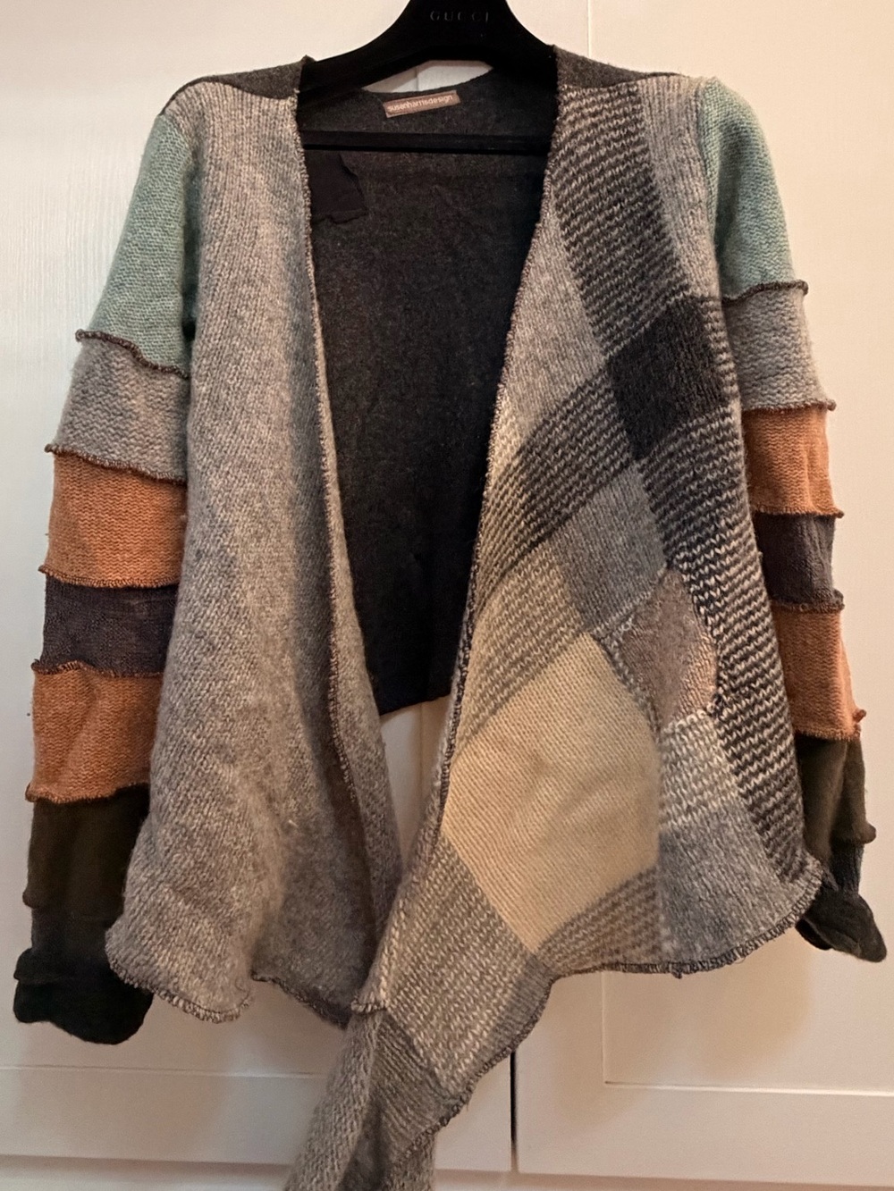 Open-Front Patchwork Cardigan in Gray with Multicolor Sleeves